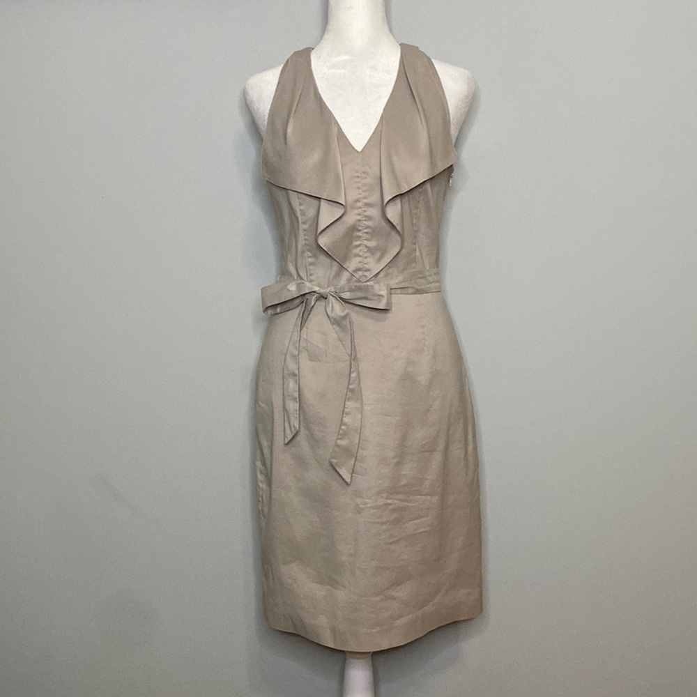 Ann Taylor Ruffled Neckline Tie Waist Beige Dress EUC Size 0